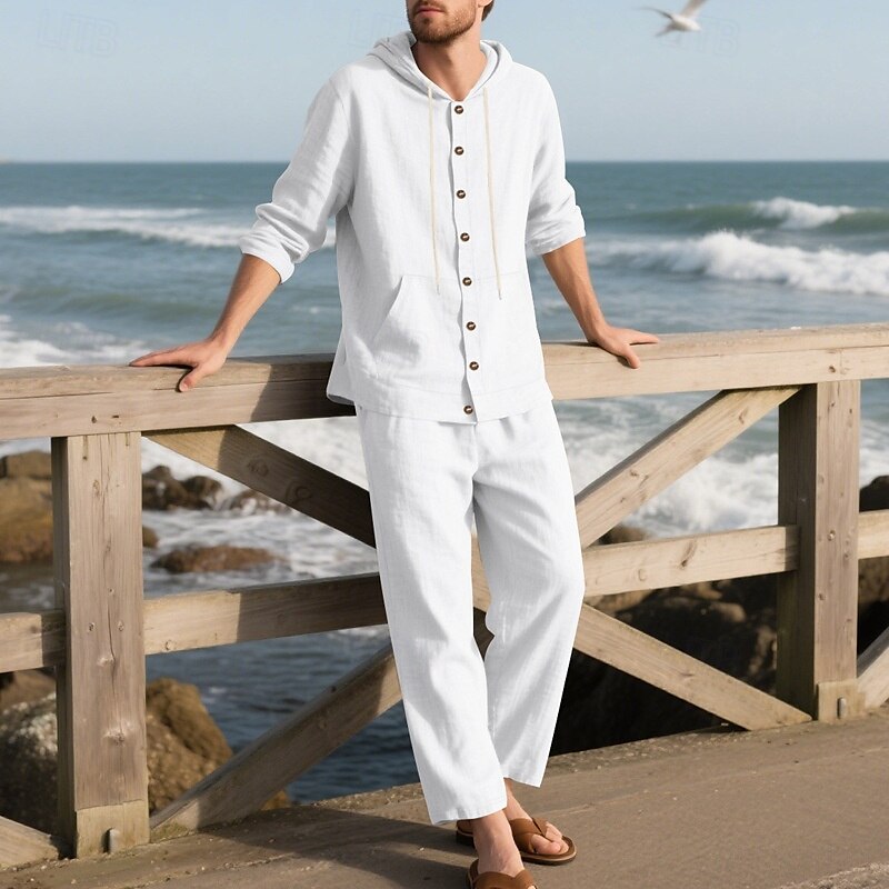 Men's T-shirt Suits Shirt and Pant Sets 2 Pieces Outfits Long Sleeve Hooded Summer Spring Solid Color Fashion Casual Buttons 2 Piece Vacation Daily Wear Going out Black White Yellow Top Tee for Men 2025 - $45.99 –P17