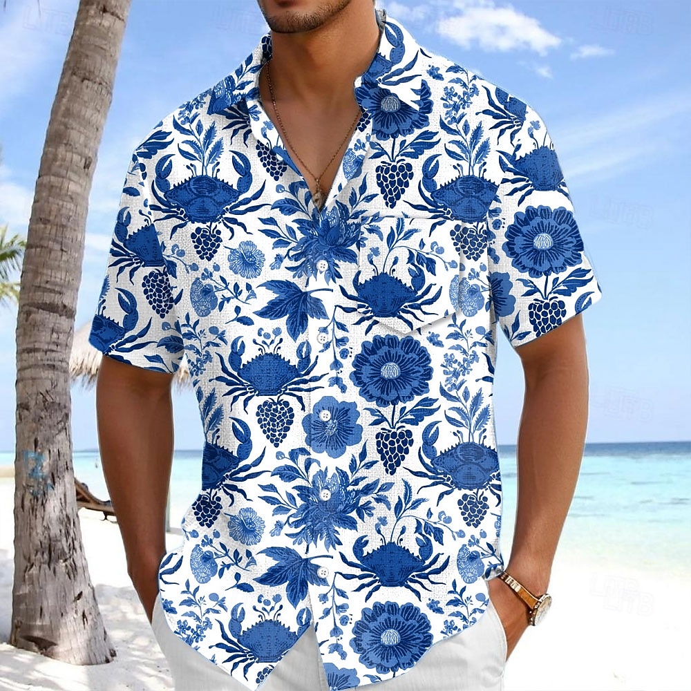 Miesten Kukkapainatus Rapu Trooppiset kukat Havaiji paita Button Up paita Havaijilaispaita Lyhythihainen Paita Sänkyjen avaus Havaijilainen Loma Pyhäpäivä Ranta-asut Sininen Vaalean sininen S M L 2025 - $23.99 –P3