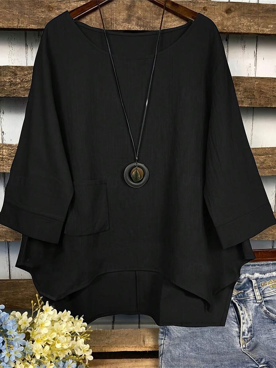 Women's Cotton Linen Blouse Solid Color Elegant Casual 3/4 Length Sleeve Crew Neck Boat Neck Regular Tops Daily Holiday Black White Navy Blue Green Summer Fall 2025 - $31.99 –P7