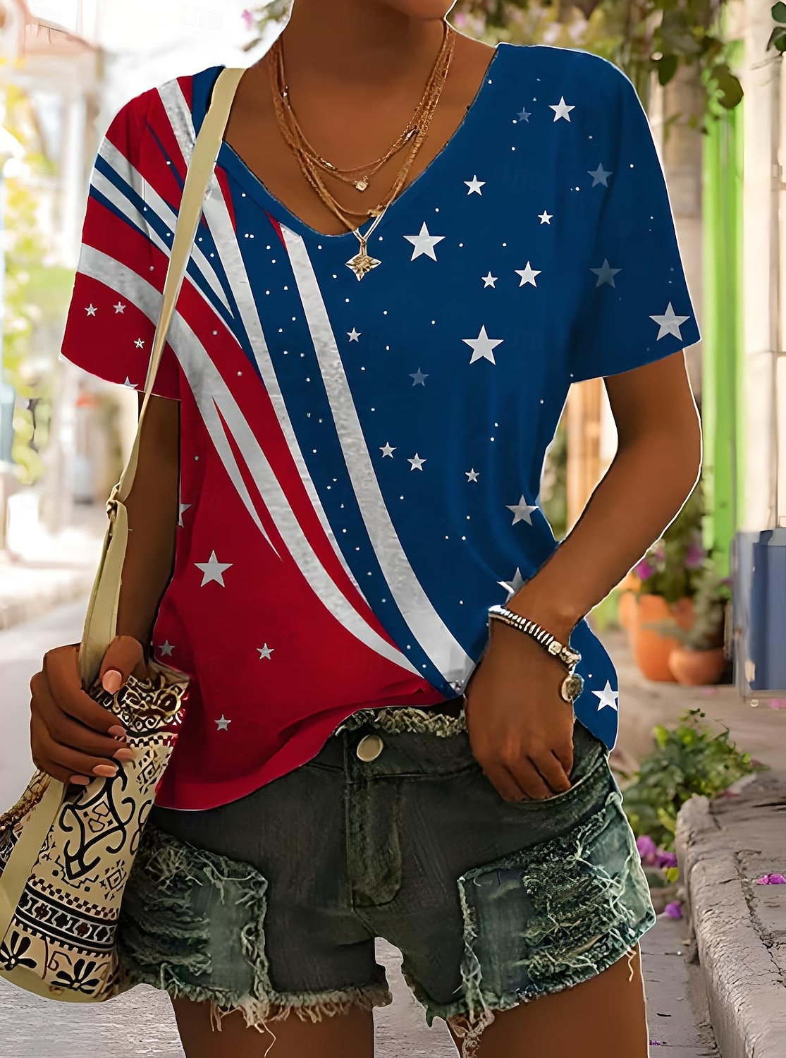 Independence Day Patriotic Women's T Shirt Graphic Plants Flag Vintage Stylish Classic Short Sleeve V Neck Regular Tops Daily Weekend Print Black White Red Light Brown Blue 2026 - $21.99 –P4