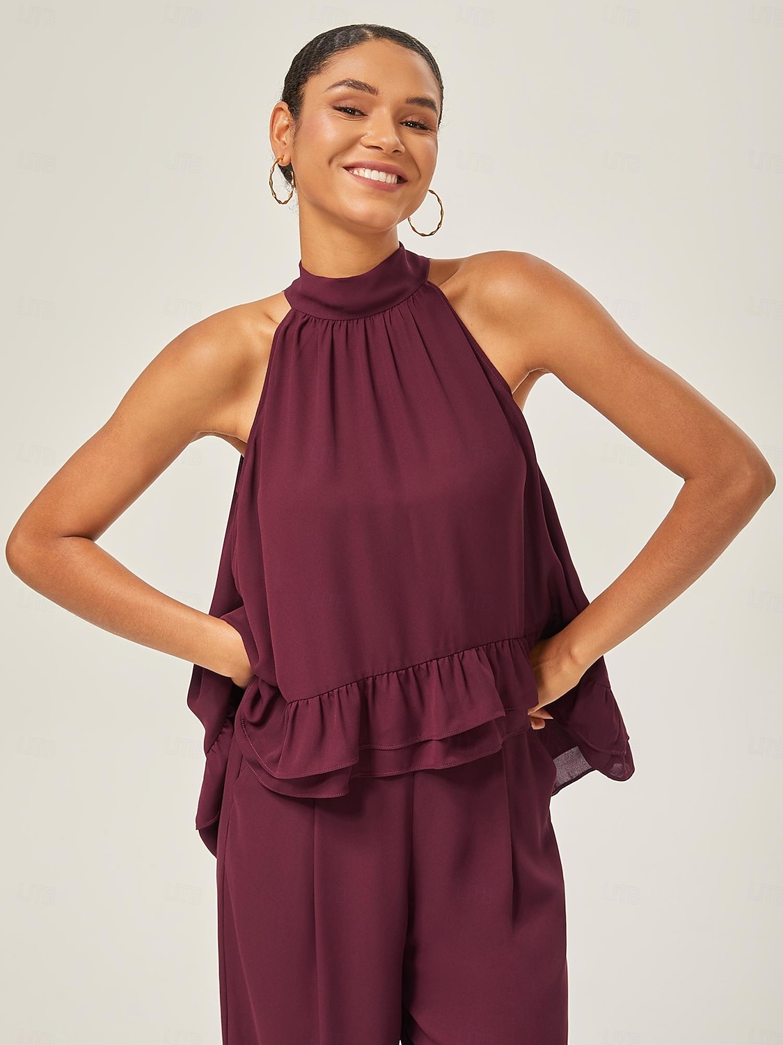 Per donna Da donna All'americana Tinta unita Borgogna Volant Senza Maniche Elegante Quotidiano All'americana Estate del 2025 a $52.99 –P3