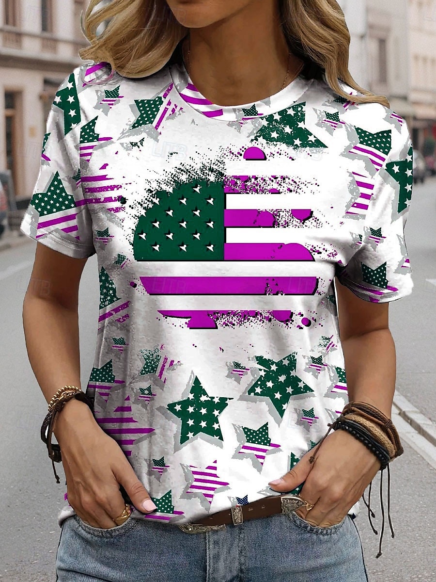 Tricou Patriotic pentru Femei cu Grafic Steag Steag Casual Roșu Alb și Albastru cu Mâneci Scurte Guler Rotund Regulamentar pentru Imprintat Zilnic Roșu Vara 2025 - $19.99 –P4