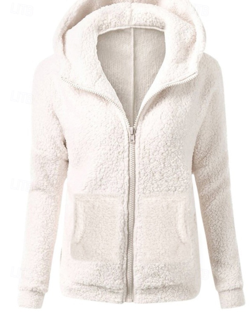 Women's Fleece Jacket Hoodie Jacket Warm Comfortable Zipper Pocket Elegant Fashion Outdoor Solid Color Going out Casual Daily Weekend Zipper Regular Hooded Regular Fit Long Sleeve Outerwear Black 2025 - $21.99 –P3