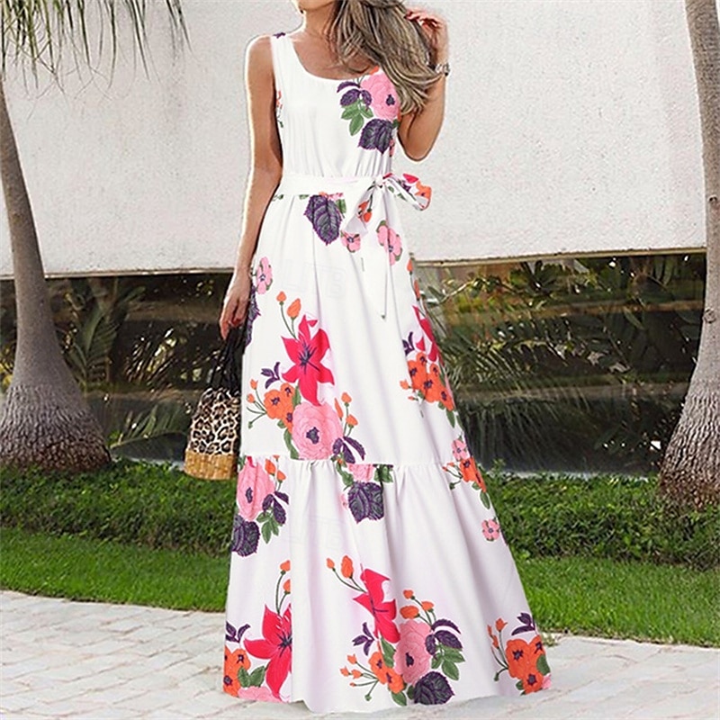 Femmes Robe Longue Maxi Robe Robe Décontractée Robe évasée Robe d'été Robe Nuisette Élégant Mode Moderne Quotidien Plage Week-end Coupe régulière Fleur Sans manches Col ras du cou Noir Blanche Rose de 2025 ? $20.99 –P3