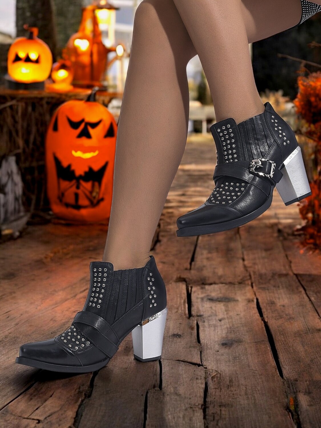 női 1980-as évekbeli fekete gótikus bokacsizma koponyacsattal és szegecsekkel, vastag sarkú punk bokacsizma halloweeni buliba és esti kiruccanásokra 2025 - $54.99 –P3