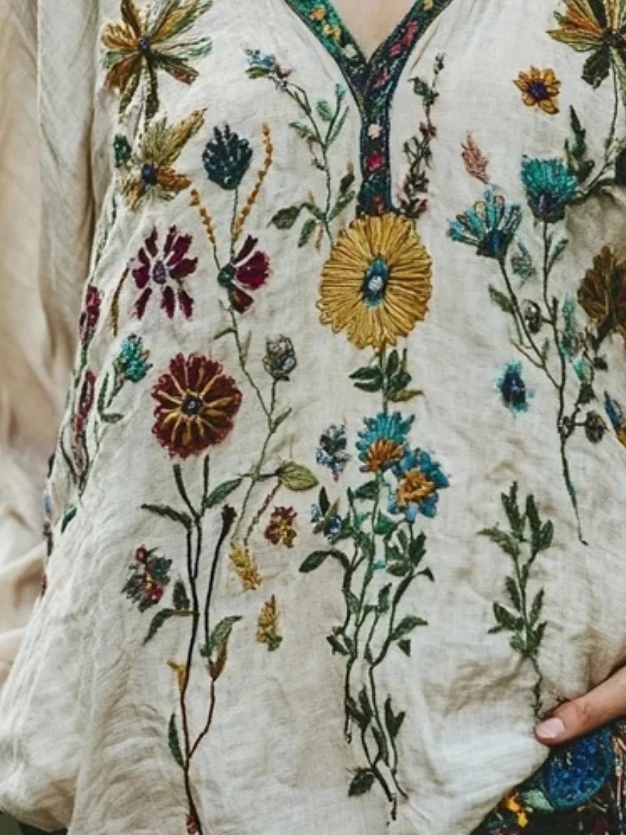 Blusa estilo bohemio estilo occidental para mujer, blusa con flores, moderna, informal, de manga larga, cuello en V, blusas de estilo regular, para uso diario, vacaciones, salidas, estampado beige, 2025 - $21.99 –P3