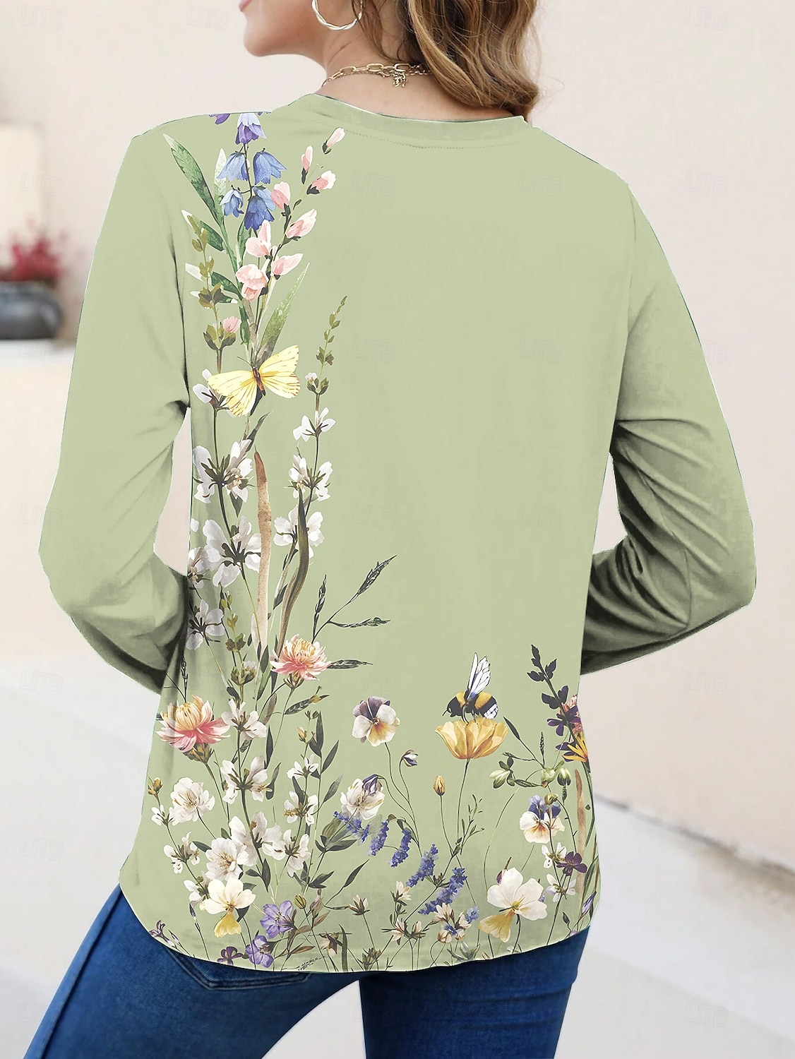 Mujer Camiseta Floral Casual Manga Larga Cuello Barco Tops regulares Diario Estampado Verde salvia Rosa Azul Piscina Azul cielo Morado Primavera Otoño 2025 - $23.99 –P2