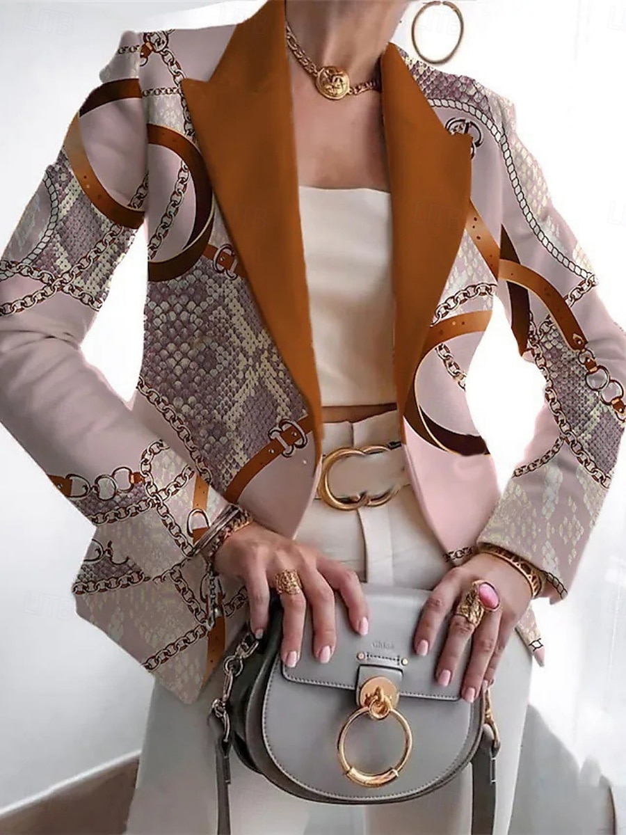 Mujer chaqueta Cómodo Transpirable Estampado Casual Geométrico Oficina Calle Casual Ropa Cotidiana Frente Abierto Regular Solapa de Pico Ajuste regular Manga Larga Ropa de calle Blanco Rosa Azul 2025 - $37.99 –P3