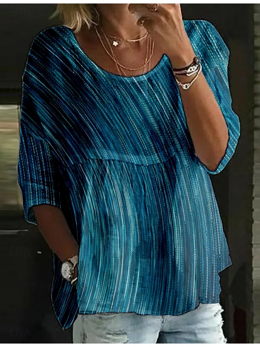 Dames Blouse Gestreept Stijlvol 3/4 mouw Strakke ronde hals Normale tops Dagelijks Feestdagen Afdrukken Zwart Blozend Roze blauw Fuchsia Donkergrijs Zomer 2025 - $16.99 –P4
