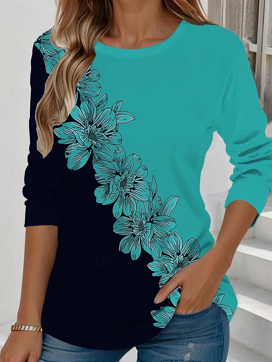 Femmes T-shirt Fleuri Graphique Plantes ancien Élégant Classique manche longue Col ras du cou Col rond Hauts Réguliers Quotidien Week-end Imprimé Jaune Vert Claire Bleu Bleu Ciel Violet Été de 2025 ? $23.99 –P1