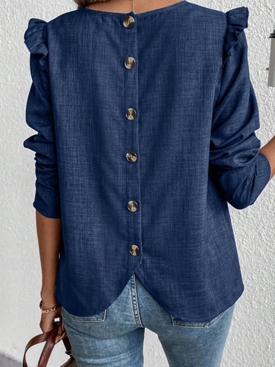 Dame T skjorte عادي Mote Moderne Fritid Langermet Crew-hals Vanlige topper Daglig Helg Drapering Knapper Svart Navyblå Kakifarget Grå Sommer 2025 - $25.99 –P2