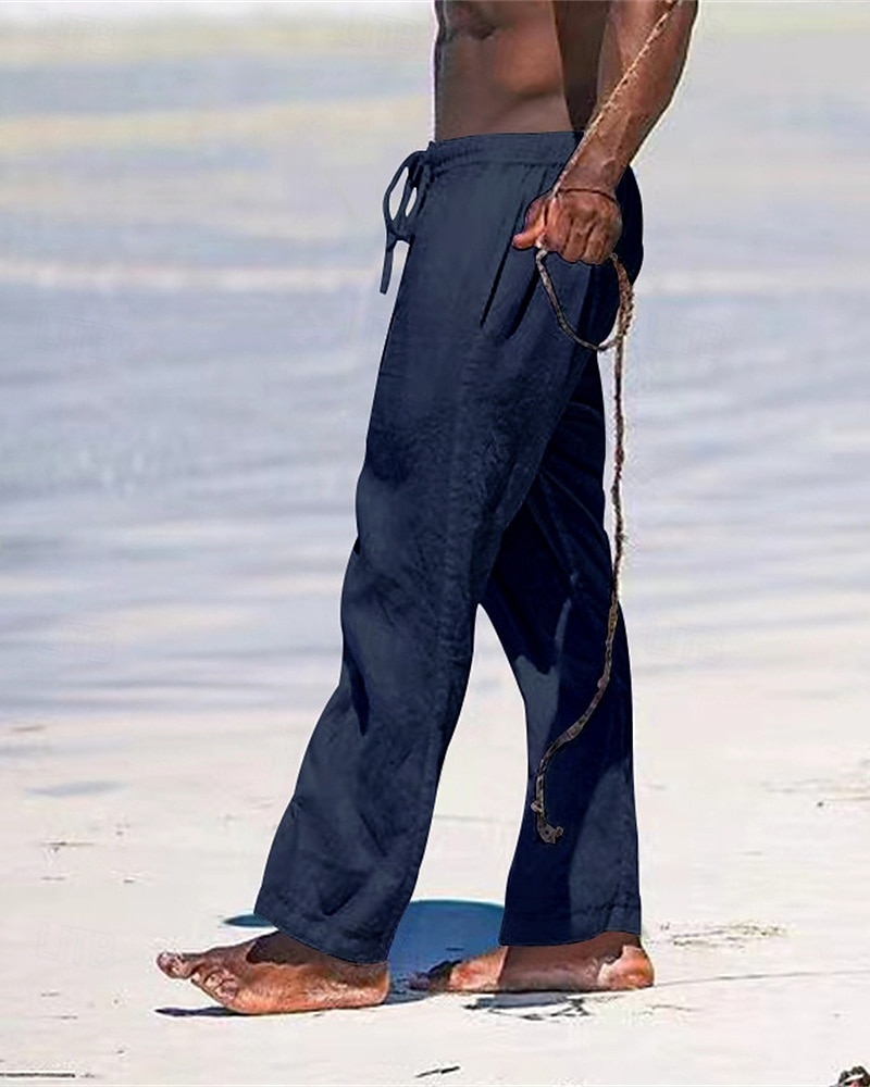 Herr Linne Byxor Långbyxor Sommarbyxor Strandbyxor Ficka Snörning Elastisk midja Slät Komfort Andningsfunktion Semester Dagligen Helgdag Hawaiisk Boho Svart Vit 2025 - $18.99 –P8