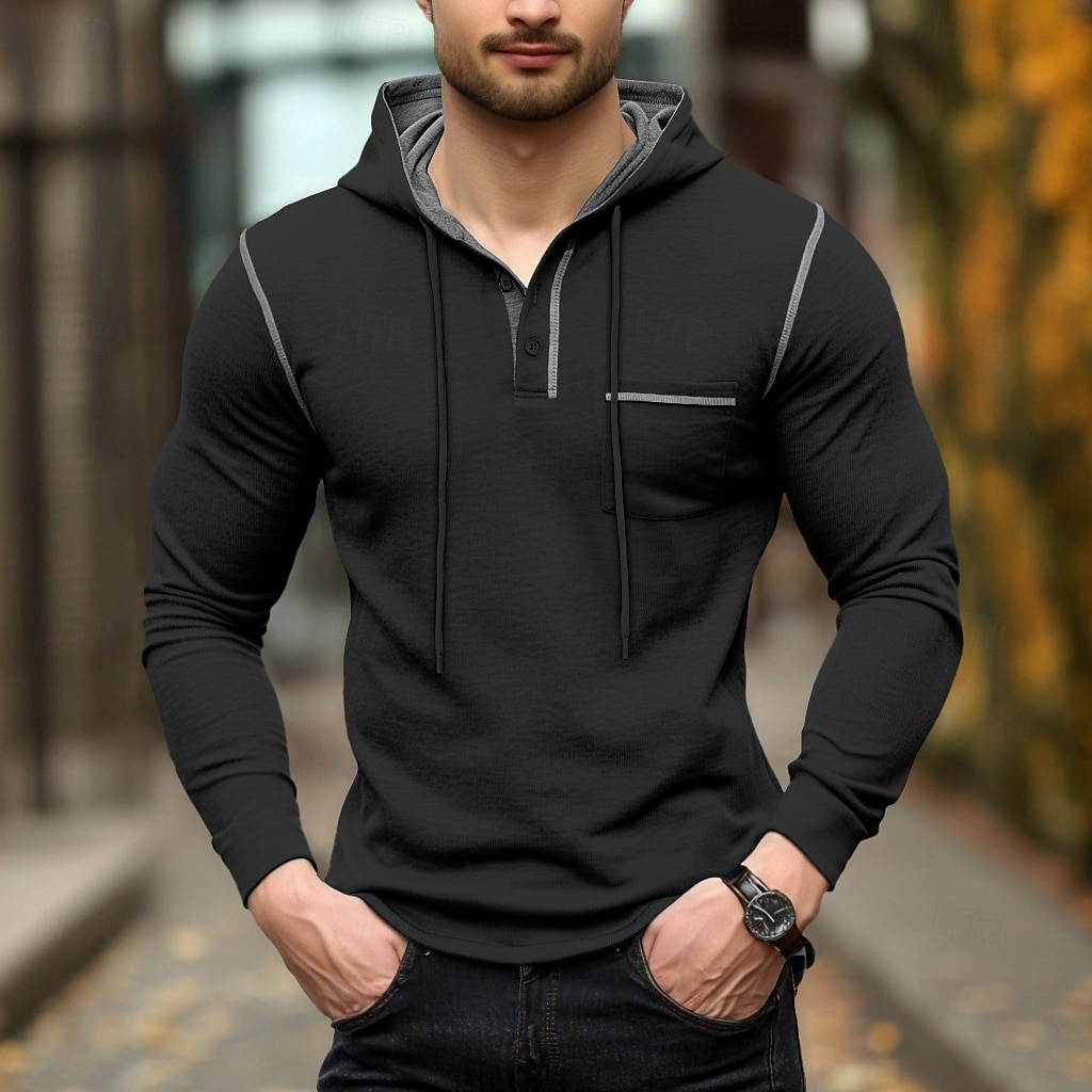 Per uomo Maglietta Felpa con cappuccio Henley Manica Lunga Con Cappuccio Henley Primavera & Autunno Tinta unica Maglieria Quotidiano All'aperto Tasca All'aperto Casual Casuale Grigio scuro blu navy del 2025 a $22.99 –P10