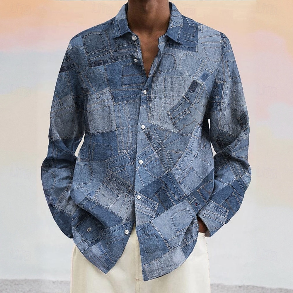 Herren Geometrisch Farbblock Denim-ähnlich Hemd Knopfhemd Langarm Modisch lässig Urlaub Täglich Frühling Herbst Umlegekragen 3D-Druck Leinenähnliches Hemd Blau+Khaki Blau Dunkelblau Hellblau 2025 - $25.99 –P4