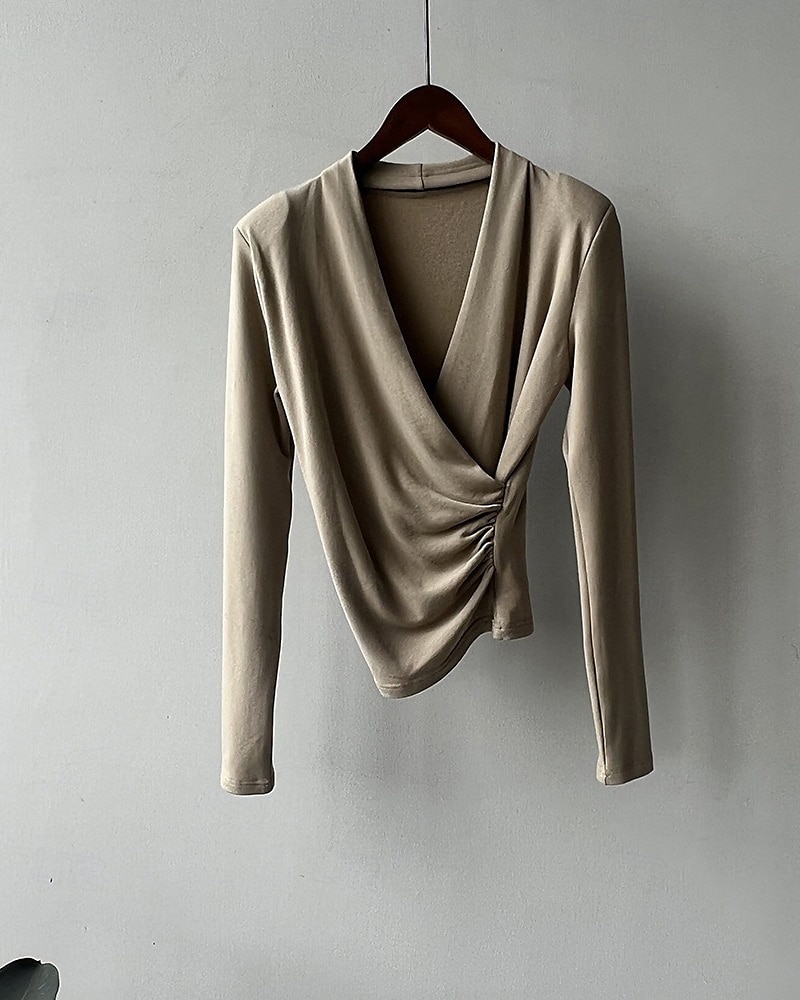 Femmes Chemisier Uni Moderne Occasionnel manche longue Col en V Hauts Réguliers Quotidien Fête Froncé Noir Blanche Marron clair Automne de 2025 ? $22.99 –P4