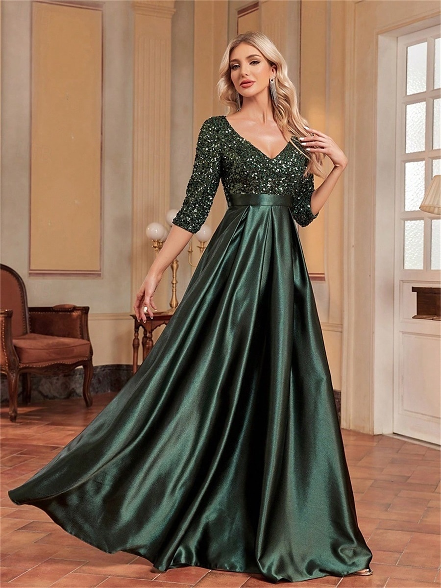 A-Line Quinceanera Dresses Elegant Dress Formal Wedding Floor Length Long Sleeve V Neck Polyester with Sequin 2025 - $99.99 –P12