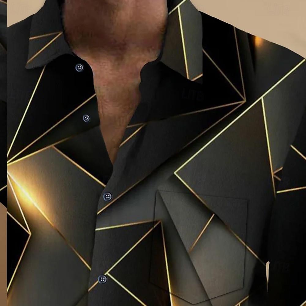 Herr Geometrisk Färgblock 3D Print Skjorta Knapp upp skjorta Långärmad Mode Casual Semester Dagligen Streetwear Vår Höst Nedvikt 3D-utskrift krage skjortor Främre en ficka Svart 2025 - $25.99 –P3