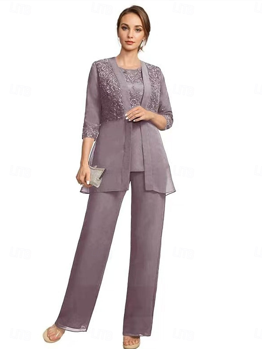 Completo da Madre della Sposa Elegante Vintage Collo Rotondo Lunghezza Caviglia Manica Mezza con Colore Solido del 2025 a $129.99 –P6