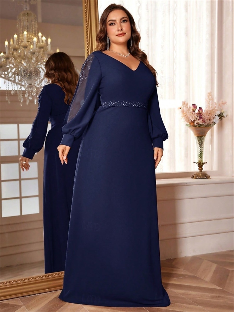 A-vonalú Plus Size Ruhák Elegáns Görbületű Ruha Formális Esküvő Padló Hosszú Hosszú Ujjú V Nyakú Chiffon Gyöngyökkel 2025 - $109.99 –P24