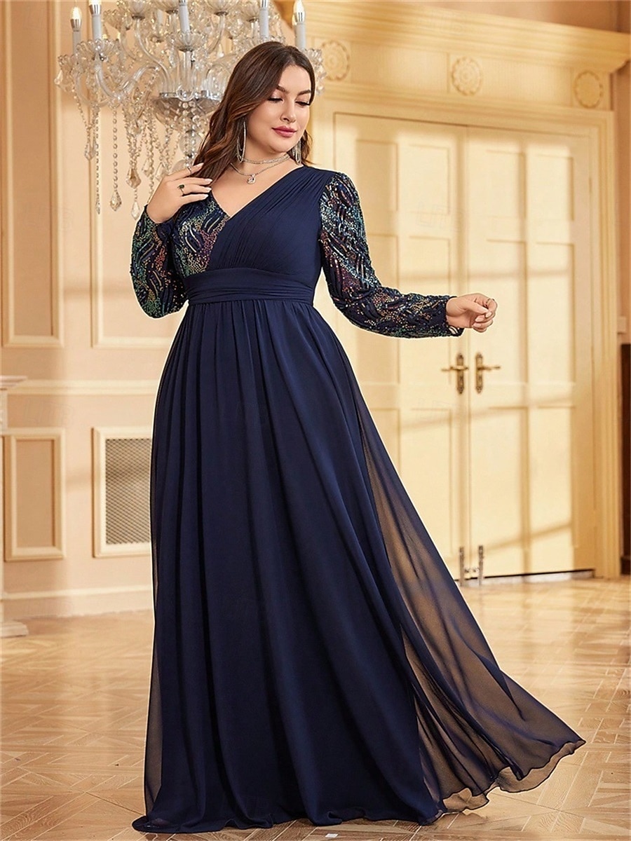 A-Line Plus Size Dresses Elegant Curve Dress Formal Wedding Floor Length Long Sleeve V Neck Chiffon with Sequin 2025 - $119.99 –P5