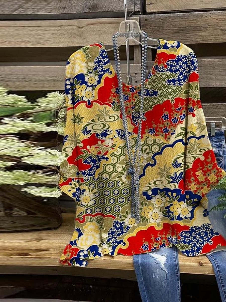Mujer Camisa Estampado Floral Elegante Manga 3/4 Cuello Barco Tops regulares Diario Festivos Amarillo Vino Verde Trébol Verano 2026 - $29.99 –P2
