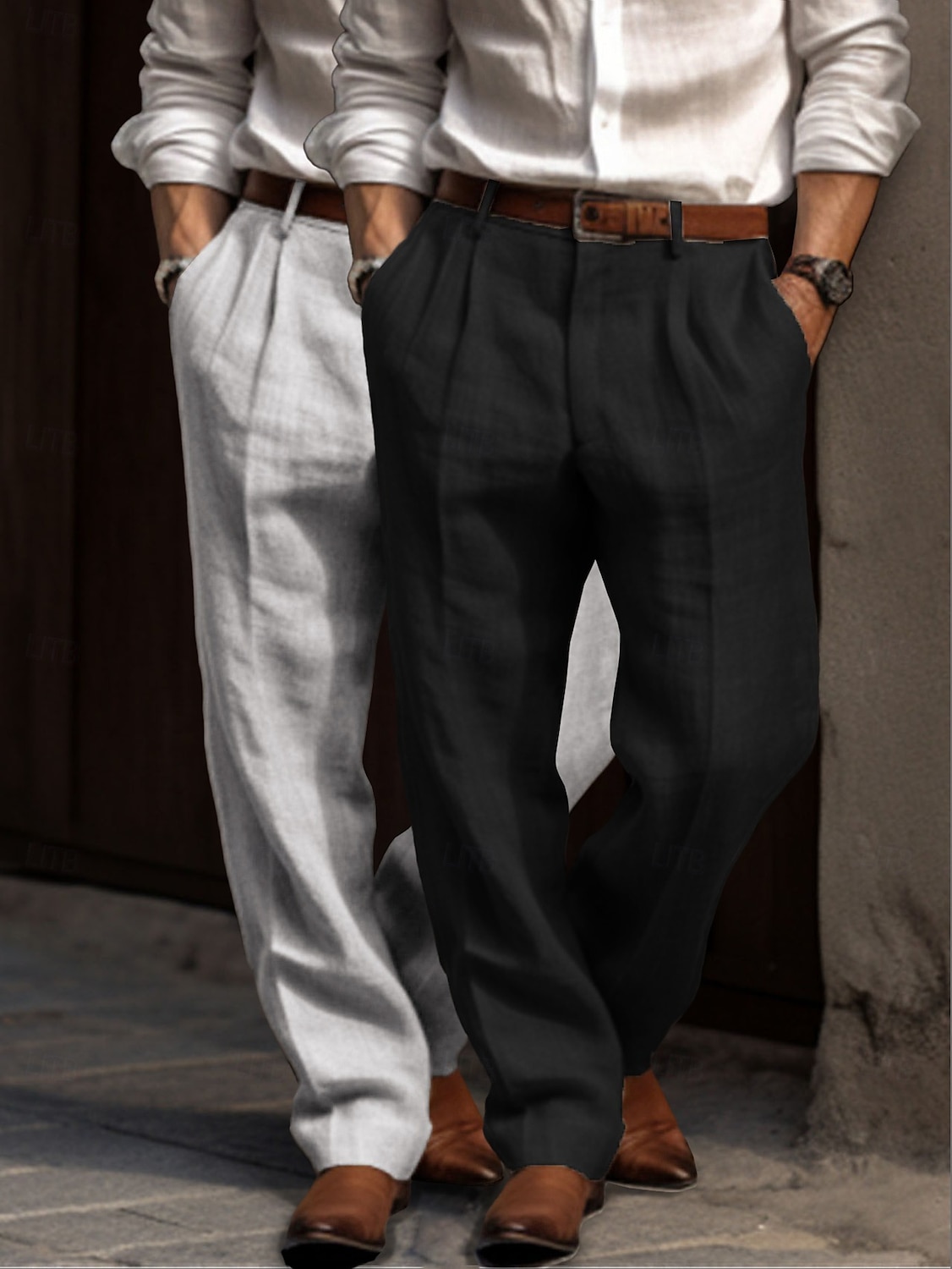 Herren Anzughose Leinenhosen Hose Sommerhose Faltenhose Fronttasche Gerader Schnitt Einfach Komfort Atmungsaktiv Volle Länge Outdoor Lässig Täglich Urlaub Mode Grün + grau Schwarz+Grau 2025 - $23.99 –P3
