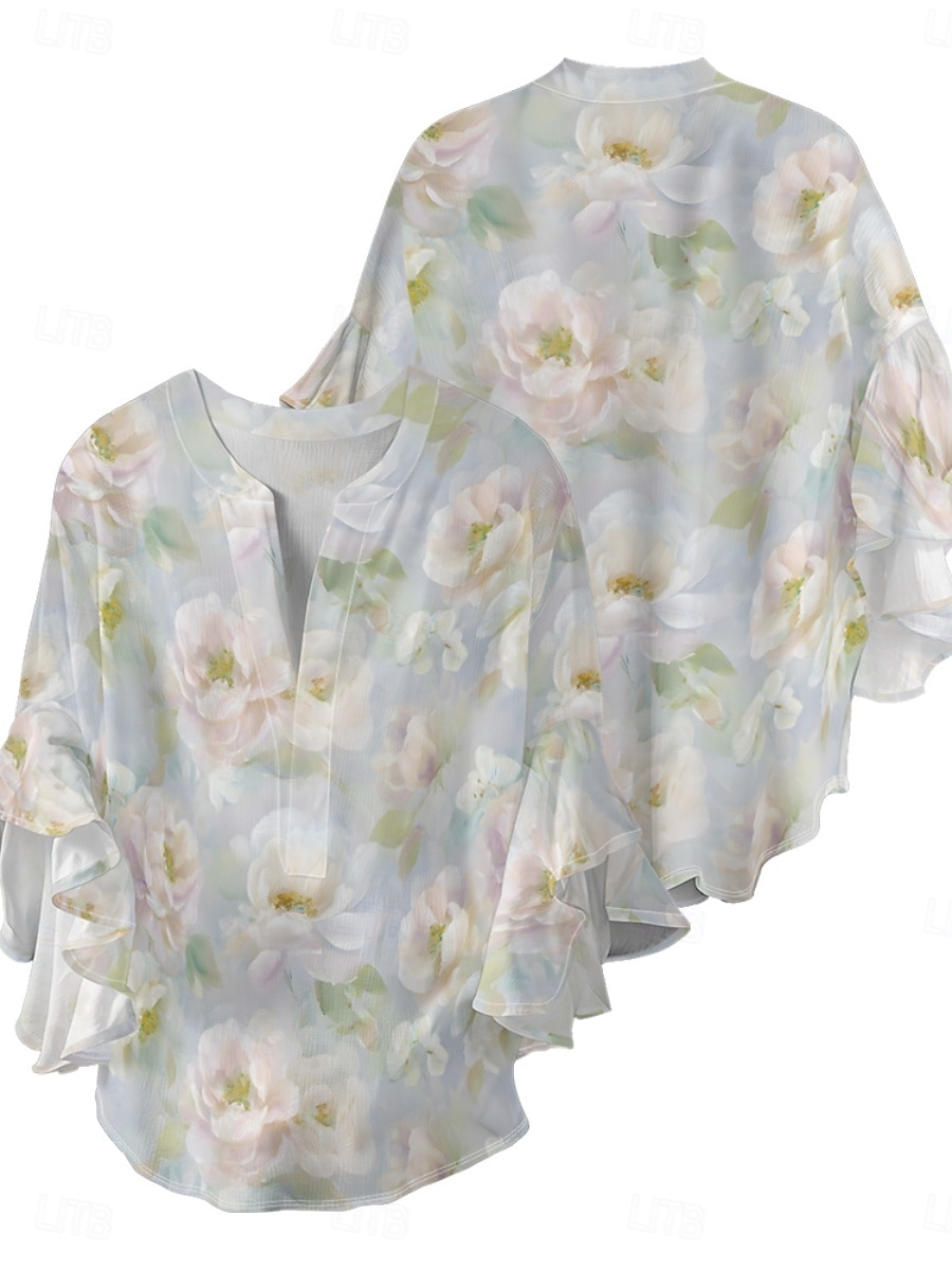 Dame Bluse Blomstret Stilfull Moderne 3/4 ermer V-hals Vanlige topper Daglig Ferie Drapering Trykt mønster Lysegrønn Blå Grønn Grå Lyseblå Sommer 2025 - $22.99 –P8