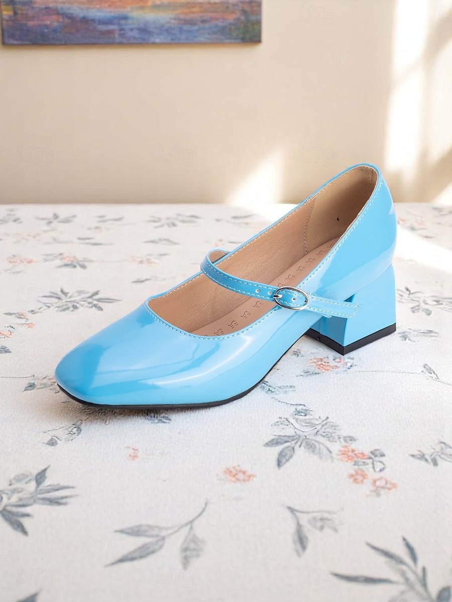 Dame vintage lyseblå lakksko med Mary Jane-blokkhæl – retro pensko i 1950-tallsstil for tenåringer og damer, ideelle for fester, skolearrangementer og hverdagslige elegante antrekk 2025 - $42.99 –P1