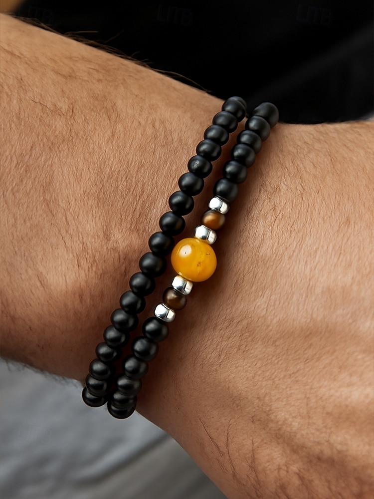 Men’s Natural Stone Beaded Bracelet Set, Matte Black and Tiger Eye Beads with Yellow Accent, Minimalist Style for Business, Casual and Gift Occasions 2025 - $9.99 –P3