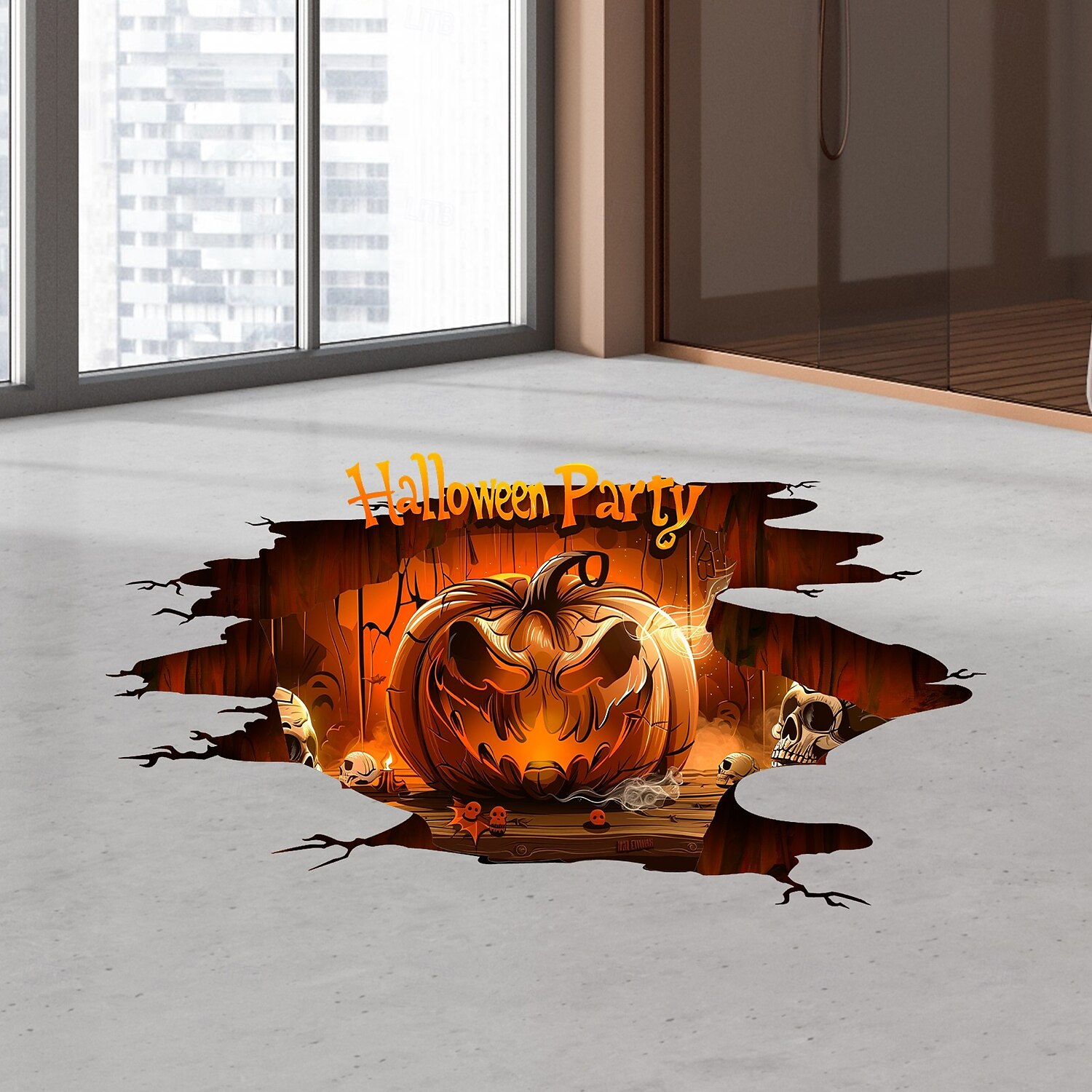 Halloweenská samolepka na podlahu a zeď s 3D strašidelným dýňovým průlomovým designem, samolepicí podlahová a nástěnná dekorace do obývacího pokoje a ložnice. 2025 - $6.49 –P4