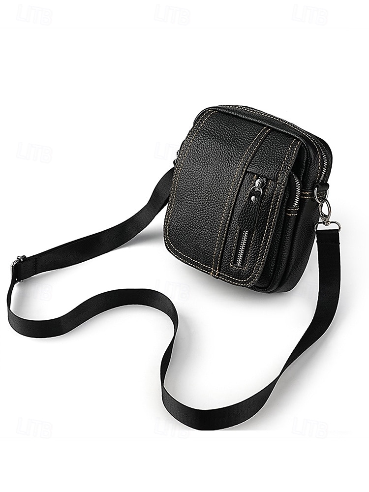 Men's genuine leather messenger bag with zipper pocket, Retro style, Can be inserted into the belt to use as a waist bag, Suitable for outdoor travel, Hiking, Camping or western cowboy wear 2025 - $26.99 –P8