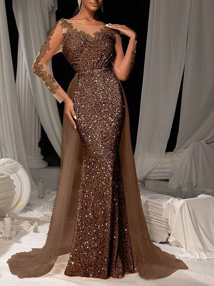 Brown Mermaid / Trumpet Evening Gown Elegant Dresse Embroidered Lace Applique Formal Wedding Floor Length Long Sleeve Crew Neck Tulle with Sequin Skirt 2025 - $119.99 –P6