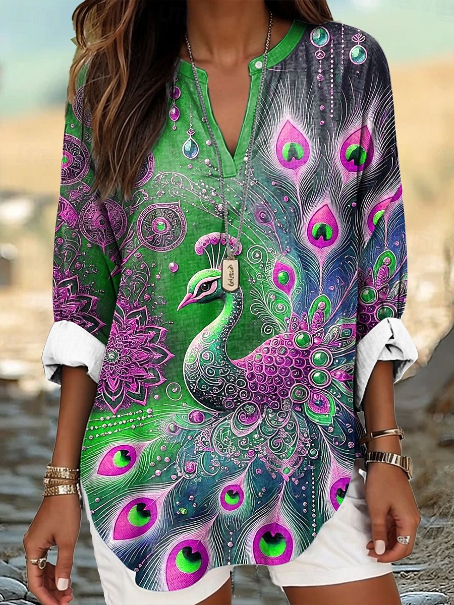 Femmes Chemisier Fleuri Graphique Animal Élégant manche longue Col en V Hauts Réguliers Quotidien Fête Imprimé Bleu Orange Vert Été Printemps de 2025 ? $24.99 –P3