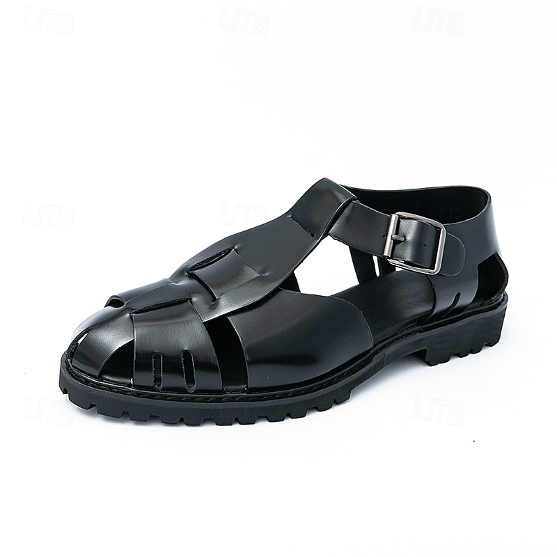 Gull- og svarte metalliske sandaler for menn – stilige gladiatorsandaler med moderne spennedesign, perfekte for uformelle utendørsarrangementer 2025 - $42.99 –P2