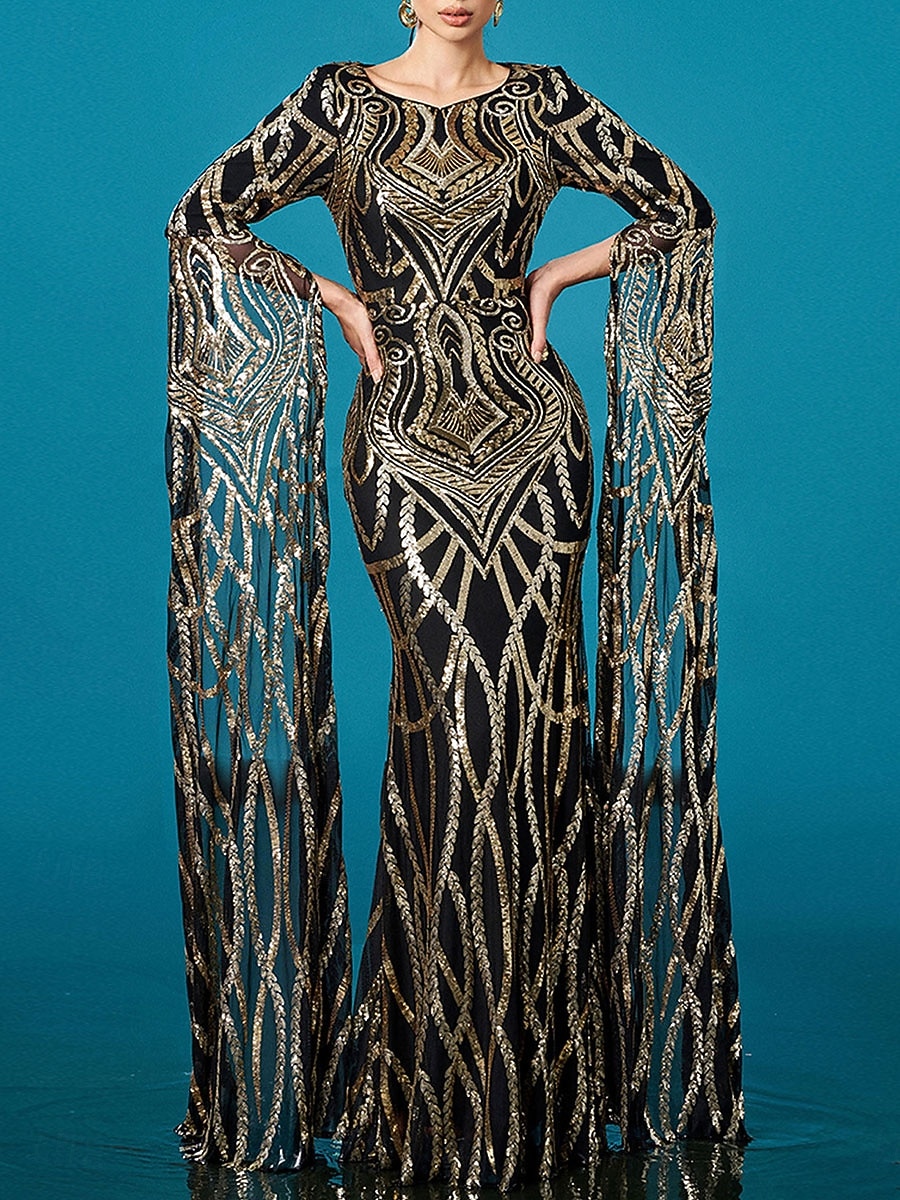 Robe de soirée en forme de sirène/trumpet élégante mariage longue à partir du sol à manches longues col rond en satin sequins avec fente de 2025 ? $119.99 –P2