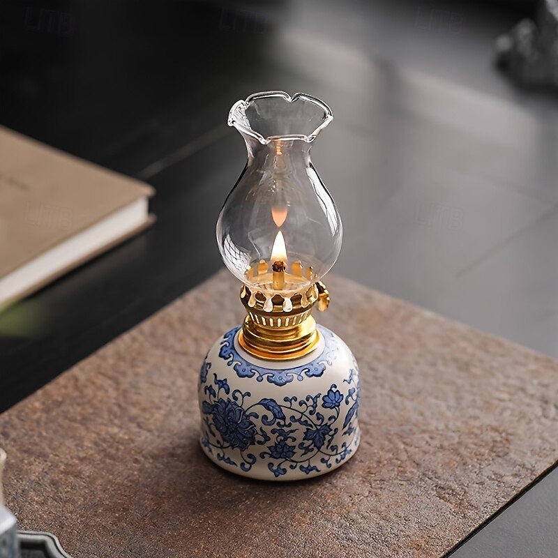 una lampada a combustibile da campeggio regolabile per esterni, una lampada a olio per uso domestico, una lampada a olio floreale in ceramica blu e bianca per interni, una lampada a cherosene con del 2025 a $68.99 –P5