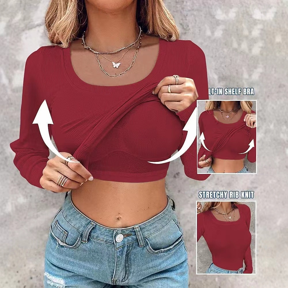 Damen T Shirt T-Shirt Einfach Mode Stilvoll Klassisch Langarm Rundhalsausschnitt Normale Oberteile Täglich Ausgehen Wochenende Schwarz Rote Grün Khaki Grau Sommer Frühling Herbst 2026 - $25.99 –P5