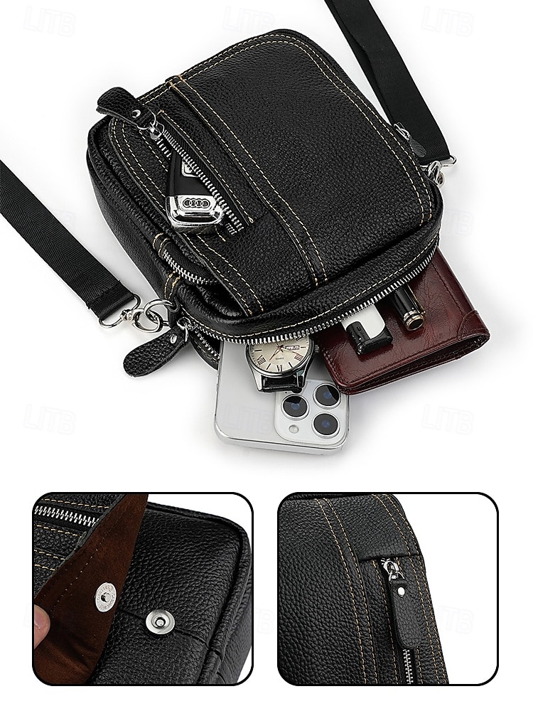 Men's genuine leather messenger bag with zipper pocket, Retro style, Can be inserted into the belt to use as a waist bag, Suitable for outdoor travel, Hiking, Camping or western cowboy wear 2025 - $26.99 –P9