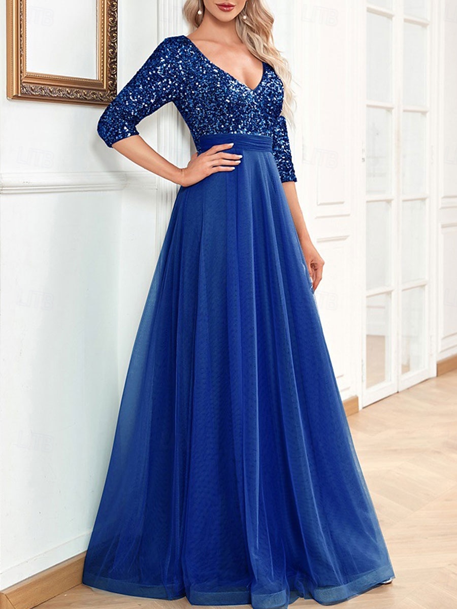 Vestido de Gala em A Vestido Elegante Formal Casamento Comprimento do Chão Manga 3/4 Decote em V Com Lantejoulas com Lantejoulas de 2025 por $119.99 –P14