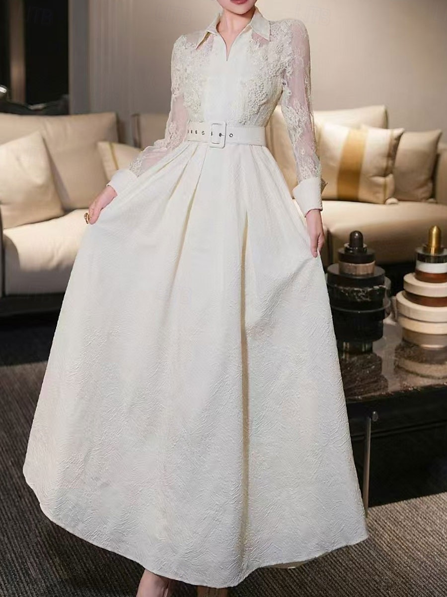 A-Linie Brautmutter Kleid Eleganter Hemdkragen Knöchellang Polyester Langarm mit Spitze Gurt  Band 2025 - $139.99 –P13