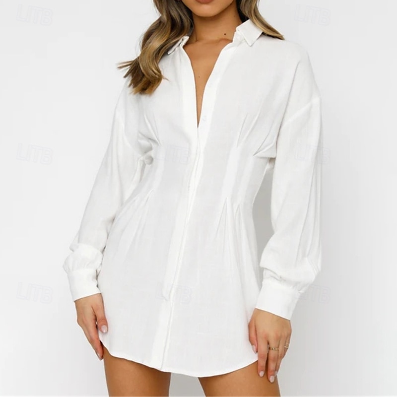 Per donna Mini Abito Abito Camicia Classico Moderno Vacanza Quotidiano Uscire Vestibilità regolare Semplice Manica Lunga Colletto a Camicia Nero Bianco Estate del 2025 a $25.99 –P8