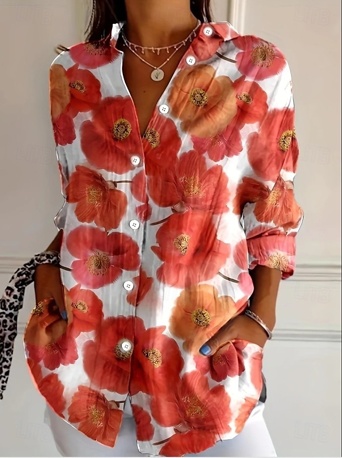Women's Shirt Floral Graphic Abstract Vintage Tropical Daily Long Sleeve Shirt Collar Regular Tops Work Daily Holiday Buttons Print Red Blue Orange Green Summer Spring 2025 - $32.99 –P1