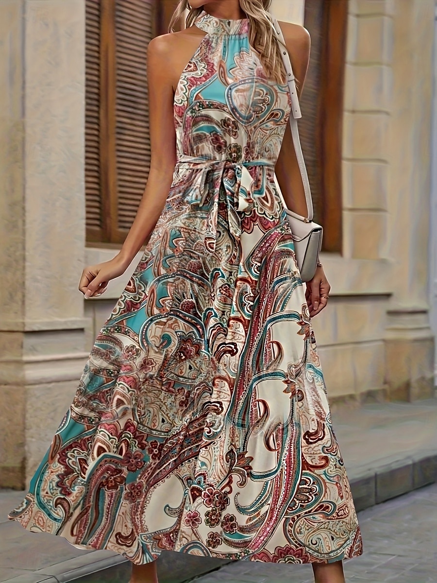 Femmes Robe maxi Robe trapèze Occasionnel Extérieur Sortir Coupe régulière Fleuri Sans manches Col Halter Rose Claire Bleu Marron Abricot Été de 2025 ? $30.99 –P4