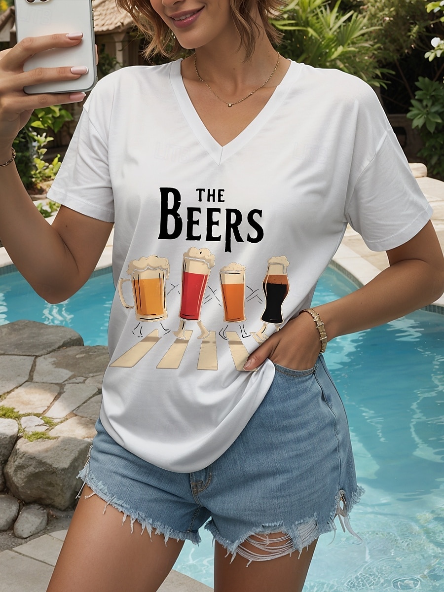 Oktoberfest Dame T skjorte Grafisk Bokstaver Årgang Stilfull Klassisk Kortermet V-hals Vanlige topper Daglig Trykt mønster Svart Hvit Rød Blå Lilla Sommer Vår 2025 - $19.99 –P8
