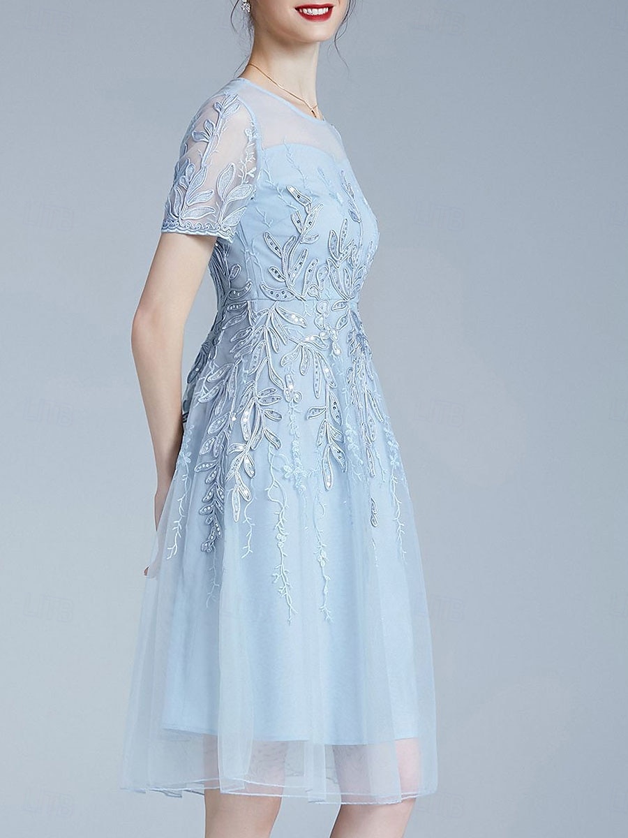Vestido A-Line Vestido da Mãe da Noiva Elegante Decote Redondo Comprimento do Joelho Tule Mangas Curtas com Pregas Bordado de 2025 por $136.99 –P5