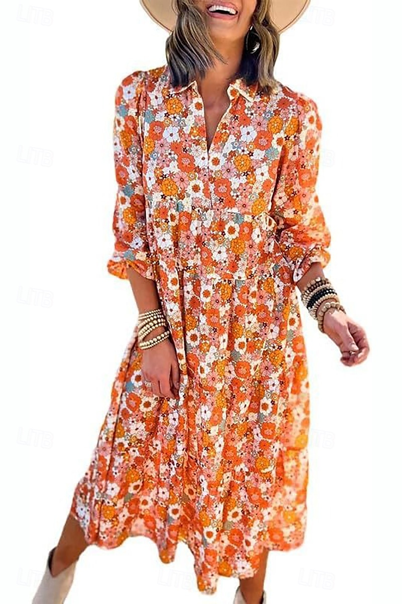 Per donna Abito Midi Abito a trapezio Casual All'aperto Uscire Vestibilità regolare Floreale Grafico Manica Lunga Scollo a V Marrone chiaro Azzurro cielo Arancione Verde Estate del 2025 a $29.99 –P3