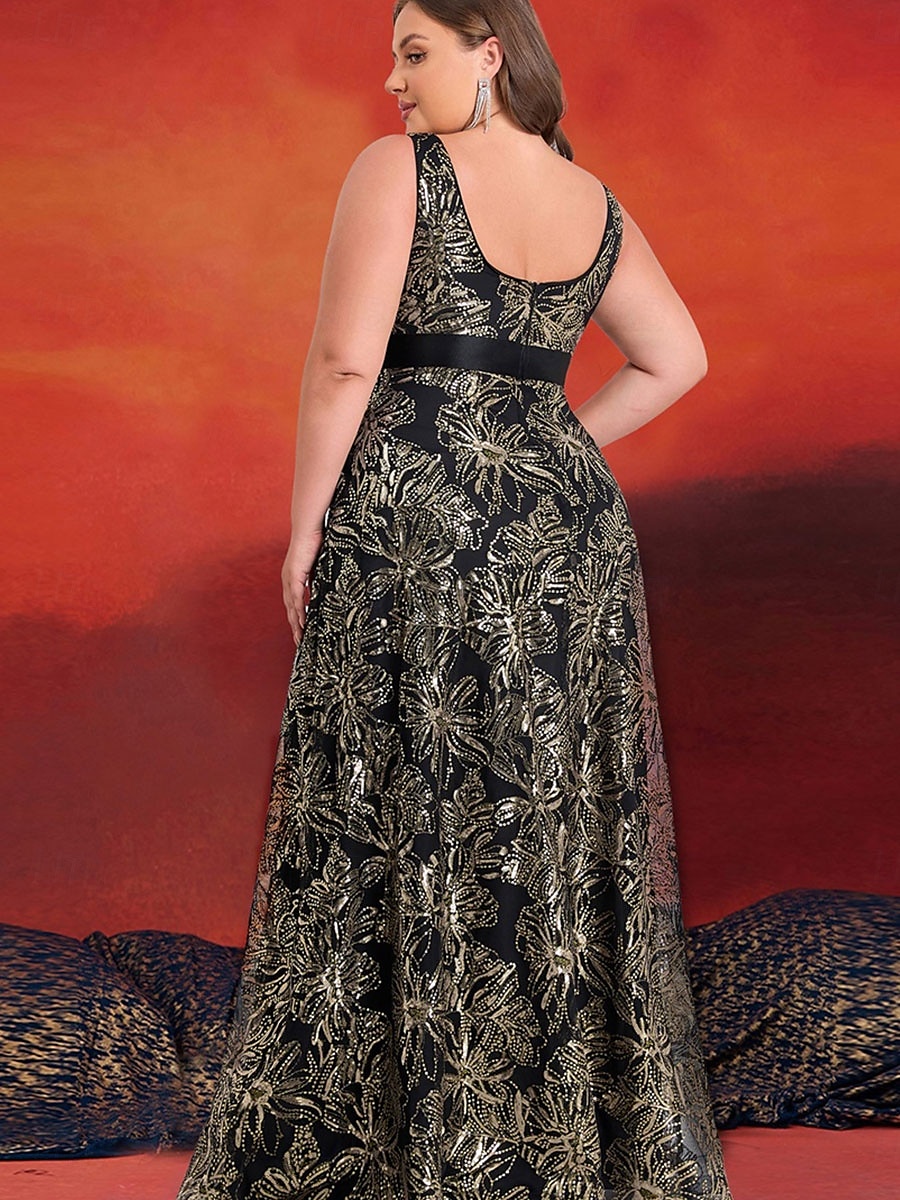 A-Linie Plus Size Kleider Elegantes Kurvenkleid Formelles Hochzeitskleid Bodenlang Ärmellos V-Ausschnitt Spitze mit Pailletten 2025 2025 - $109.99 –P5