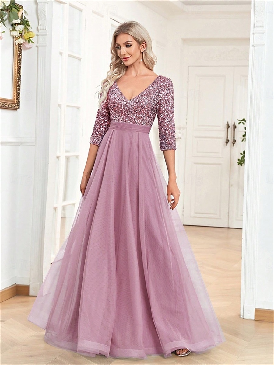 A-linjainen Quinceanera-Mekot Elegantti Mekko Virallinen Häät Lattiapituus Puolihihainen V-kaula-aukko Tylli Strassilla 2025 - $99.99 –P15