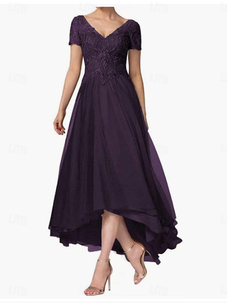 A-line šaty pro matku nevěsty elegantní V výstřih asymetrický chiffon krátký rukáv s jednobarevným provedením 2025 - $119.99 –P5