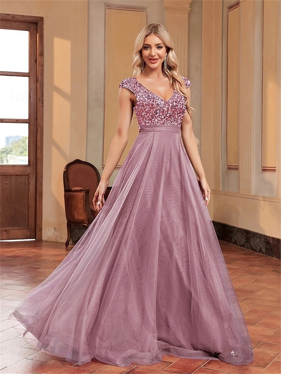 Abiti per Quinceanera A-Line elegante abito formale per matrimonio lunghezza del pavimento senza maniche scollo a V tulle con schiena a V e paillettes del 2025 a $99.99 –P7